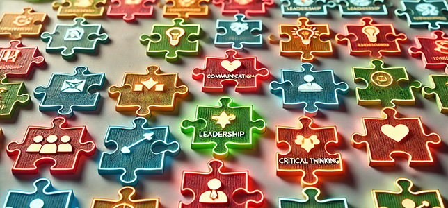 glowing, colorful puzzle pieces, each labeled with an icon representing career skills such as communication, leadership, critical thinking, and teamwork