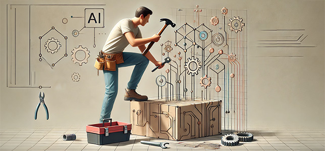 a hobbyist in casual clothes holds a hammer and a toolbox, building a DIY structure that symbolizes an AI model