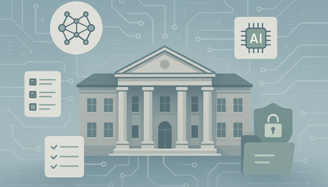 university building surrounded by icons for AI, checklists, and data governance